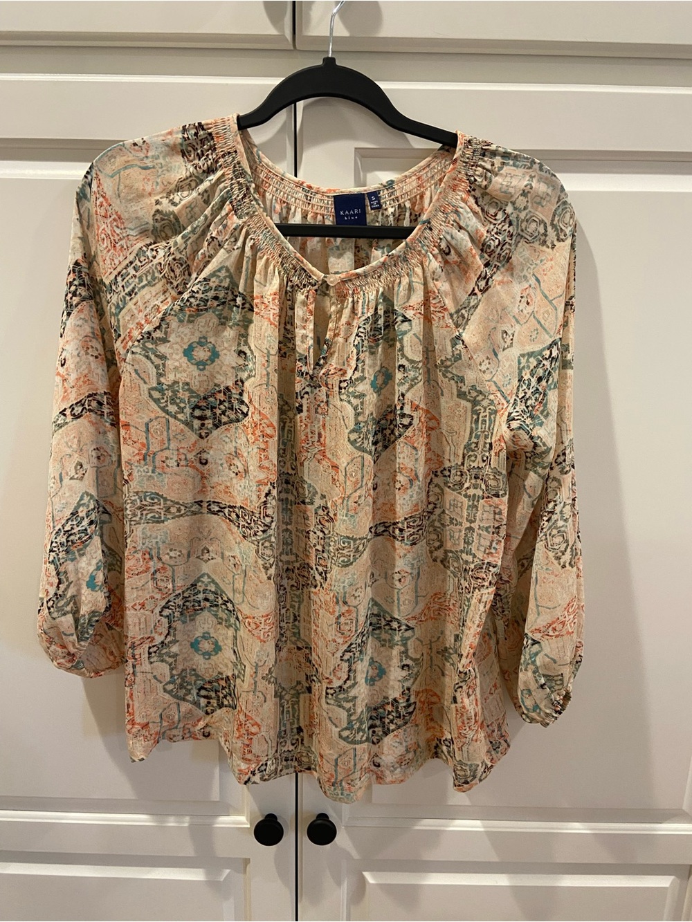 Kaari Blue Boho Printed Blouse in Cream, Teal and Soft Orange